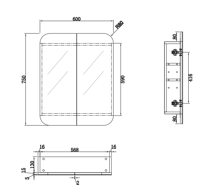 Rec 600x750mm Shaving Cabinet