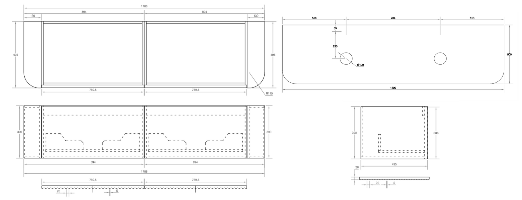 V-Groove 1800mm Wall Hung Vanity
