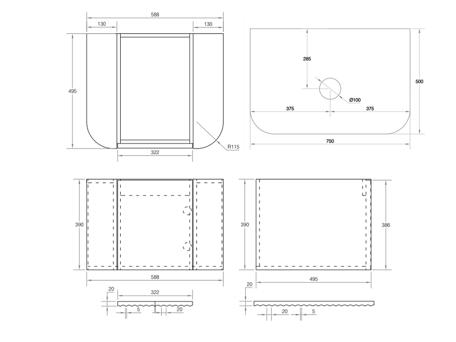 V-Groove 600mm Wall Hung Vanity